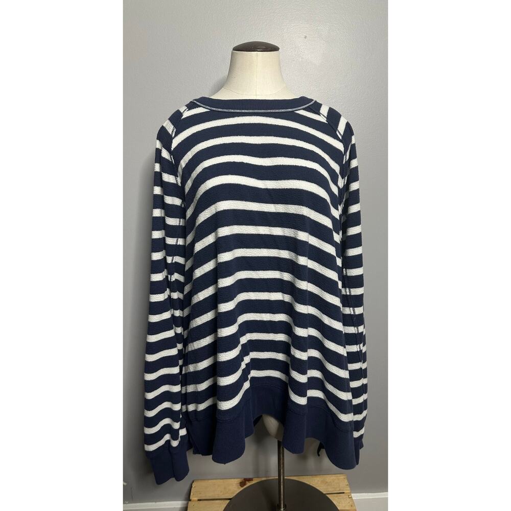 Aerie Navy White Striped Cable Knit Crewneck Sweater High Side Slit Pullover XXL